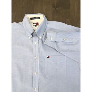 Vintage Tommy Hilfiger Blue Oxford Shirt Mens Size Large Flag Logo Button Down